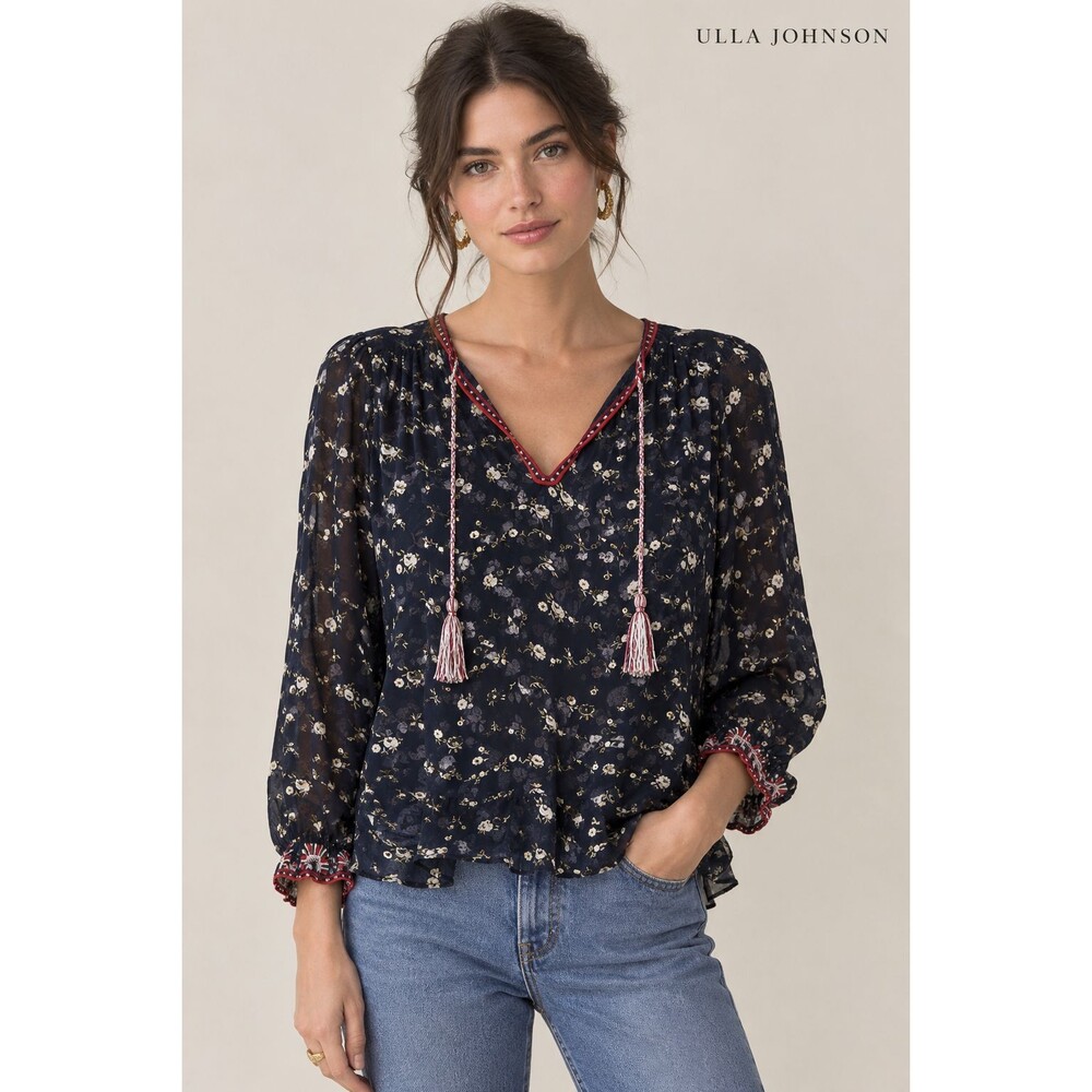 Ulla Johnson Lida Floral Blouse 8 Georgette Silk Navy Embroidered Peasant Sleeve
